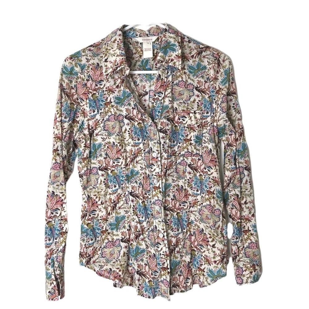 Sundance Size 4 Long Sleeve Lightweight Cotton Button Up Shirt Floral Colorful